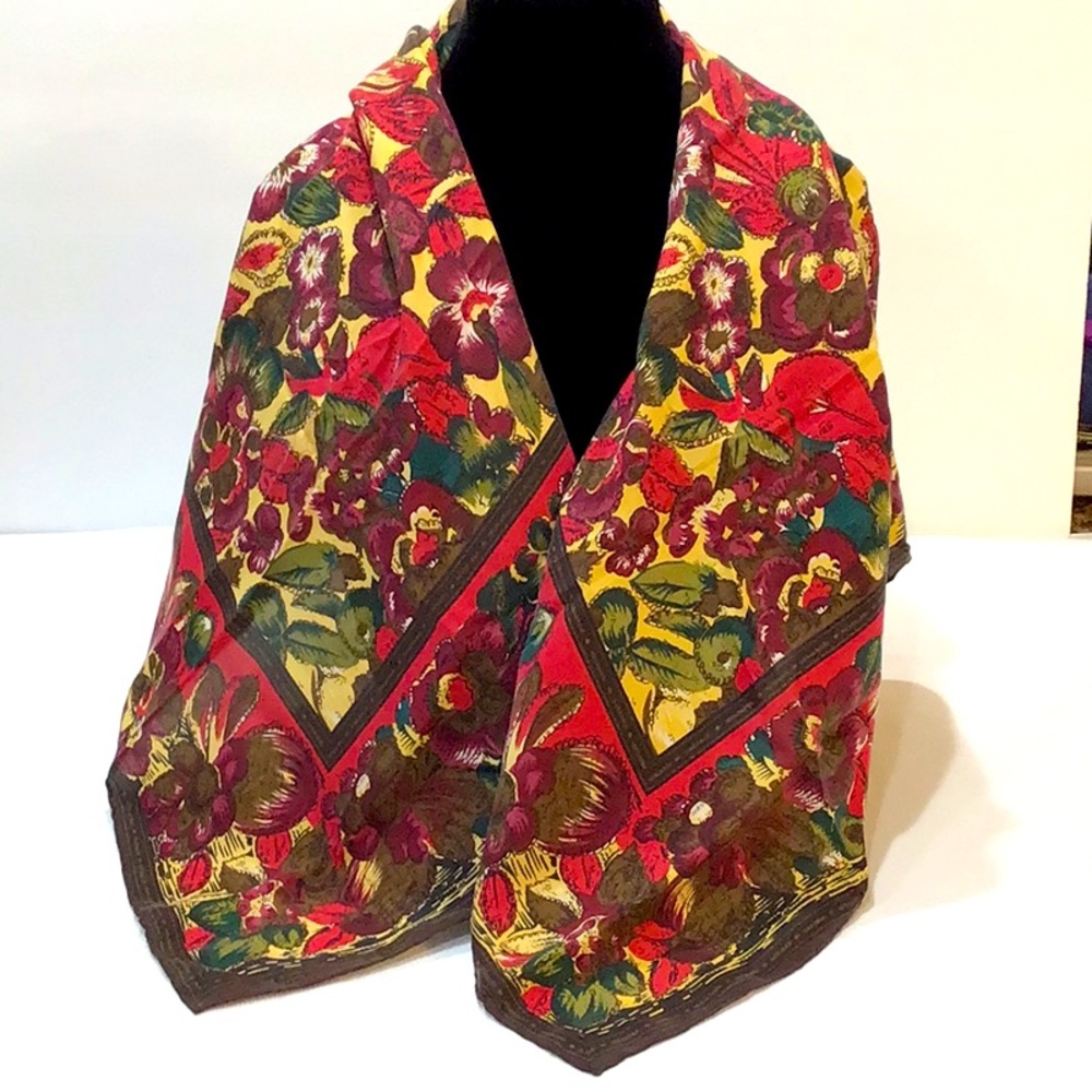 Vintage Italian Silk Scarf Floral Red Yellow multicolor